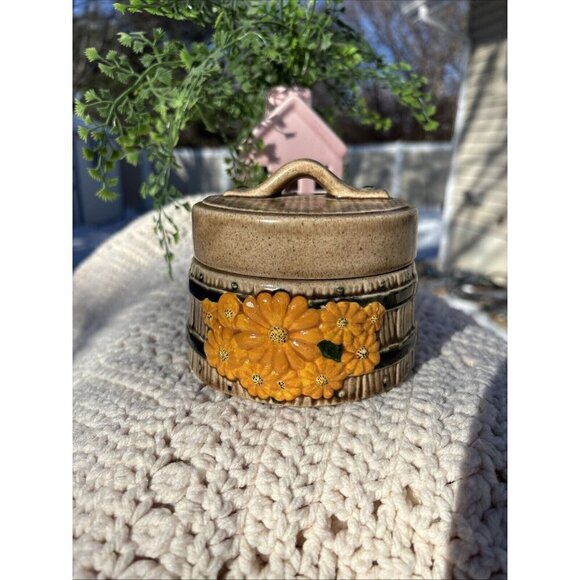 Vintage Small Ceramic Barrel Canister Farmhouse Cottage 1970s Primitive Rustic - Picture 1 of 7